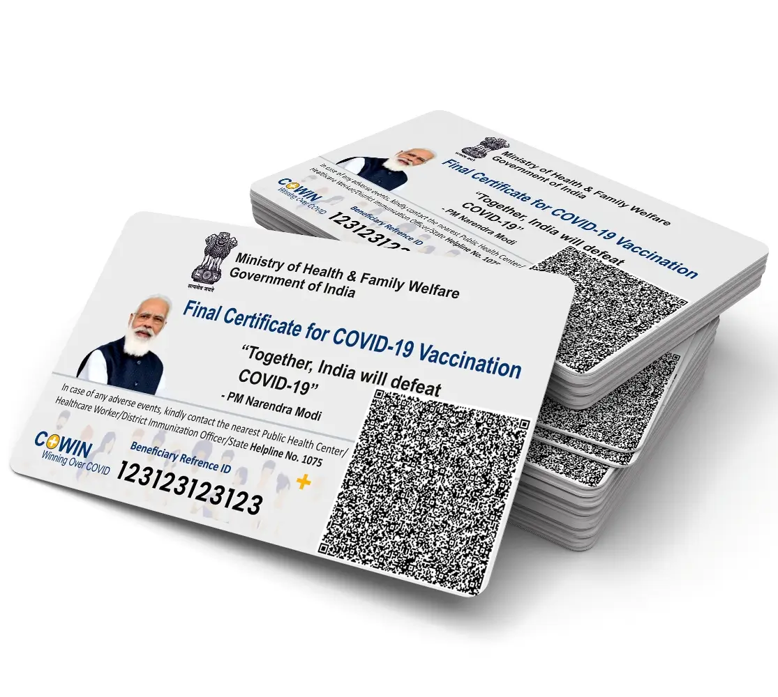 Covid-19 Vaccine Certificate on PVC CARD ( ATM Size Plastic Card).